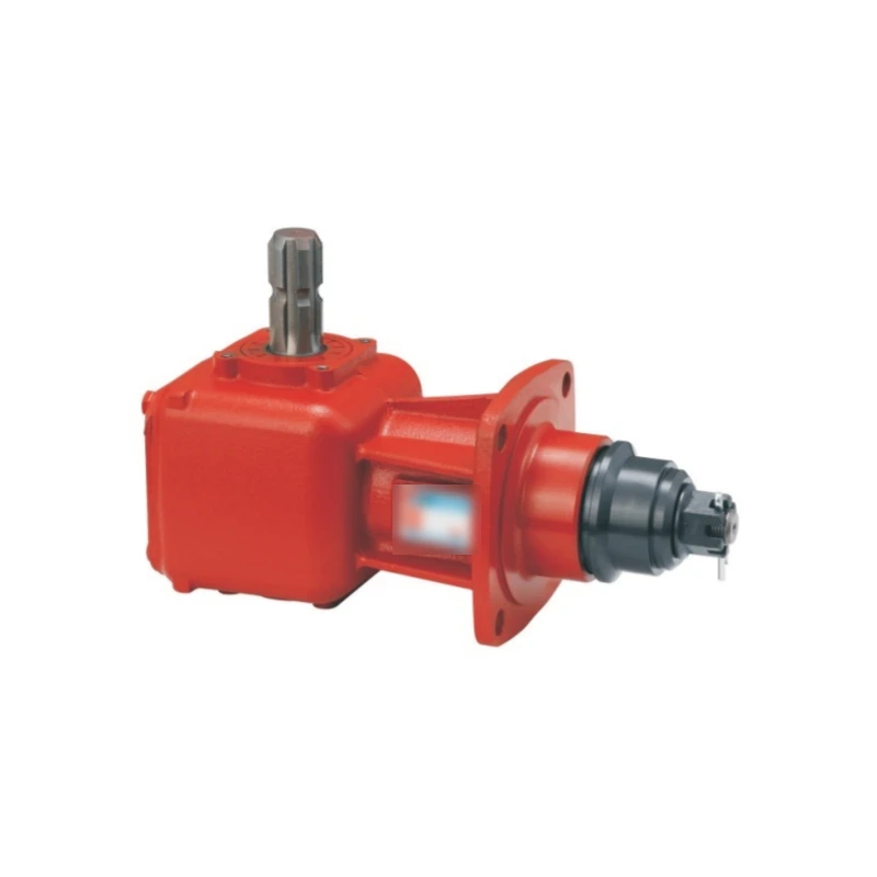 Complete agricultural gearbox with visible input and output shafts for PTO gearbox output speed engineering context