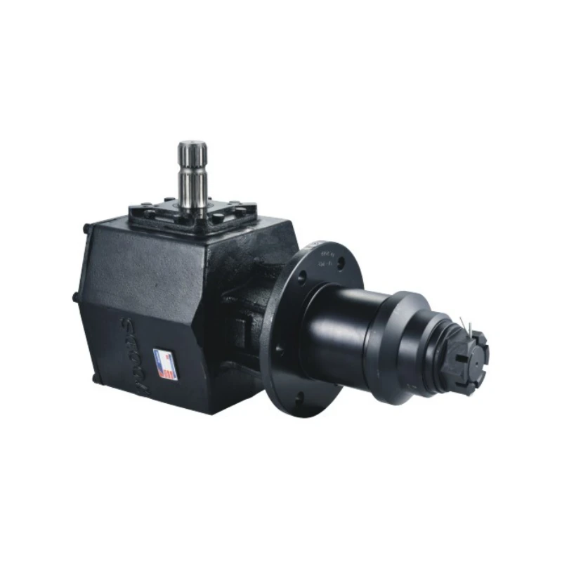 Complete agricultural gearbox with visible input and output shafts for PTO gearbox inspection engineering context