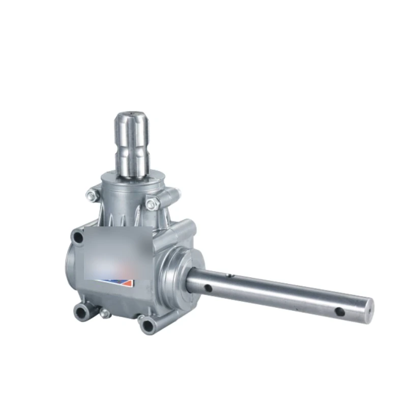 Complete agricultural gearbox with visible input and output shafts for fertiliser spreader gearbox engineering context